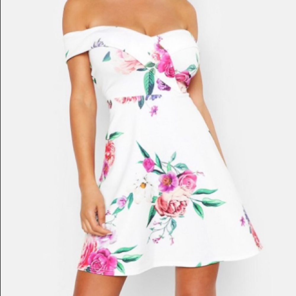 Boohoo Bardot Sweetheart Floral Skater Dress